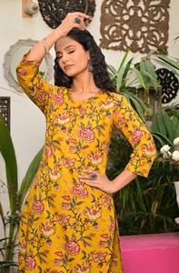 Salwar Kameez en coton imprimé floral jaune moutarde pour femmes, manches 3/4, vintage, été, fête, décontracté, vêtements ethniques - Product Image 4