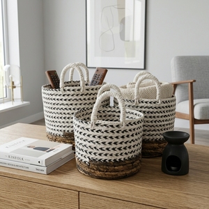 Natural Banana Bark Recycled <b>Plastic</b> Storage <b>Basket</b> Set Black White Arrow Natural Bottom Arch Handle Pot Setup Decor Pure Art - Product Image 5