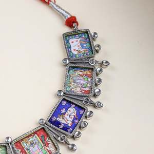 92.5 Sterling <b>Silver</b> Women's Hastakala Pichwai Handpainted Fine Jewelry <b>Set</b> for Religious Ceremonies Includes <b>Necklace</b> Earrings - Product Image 5