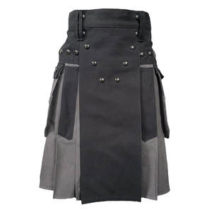 Kilt utilitaire en denim durable bicolore noir et gris pour hommes, poches cargo, boucle et fermeture à bouton - Product Image 1