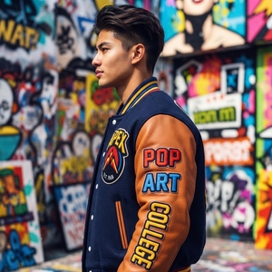 เสื้อแจ็คเก็ตเลตเตอร์แมนสีน้ำเงินกรมท่าผ้าขนสัตว์ แขนหนังสีส้ม ปักลายปะติด สไตล์สตรีทแวร์ แนววิทยาลัย - Product Image 4