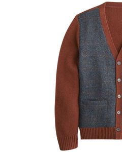 Cardigan en tricot patchwork marron et bleu, tissu doux en mélange de laine et fermeture boutonnée classique, pull chaud en coton élégant pour l'hiver - Product Image 2