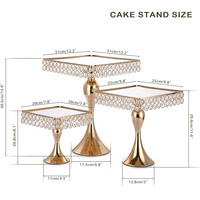 Ensemble de 3 pièces de présentoir à gâteaux en forme carrée avec miroir décoratif en perles dorées brillantes, pour servir et présenter des cupcakes