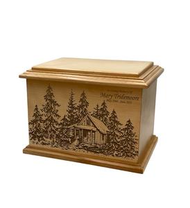 Cabina en el bosque Urna de cremación Tamaño adulto Cabina de madera y bosque Urna funeraria Amantes de la naturaleza con grabado - Product Image 1