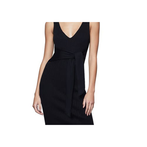 Elegante Abito Midi Nero in Maglia a Costine Americana con Maniche a Sbuffo e Cintura Annodata, Traspirante, per Ufficio e Uso Quotidiano, Modello Diamond Taglia 001 - Product Image 2