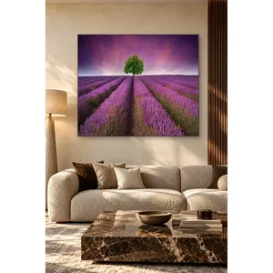 Impression sur toile de rangées de lavande et d'un arbre solitaire sous un ciel violet de Fida - Product Image 4