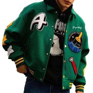 Chaqueta Varsity Personalizada de Alta Calidad con Parche de Chenilla Verde Vintage, Estilo Hip Hop, Resistente al Viento y Ecológica, Chaqueta de Béisbol para Hombre - Product Image 1