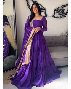 Costume Anarkali pour femme en tissu faux georgette de couleur violette, style à volants |   Vêtements de fête et de mariage - Product Image 1