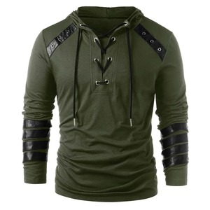 Sweat à capuche d'hiver pour homme avec cordon de serrage en cuir vintage patchwork haut chemisier à manches longues - Product Image 5