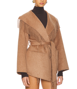 تصنيع مخصص معطف الجمل شال طوق حزام مهدب تنحنح طويل معطف واق من المطر نمط بوهيمي معطف طويل للنساء - Product Image 5