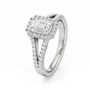 Bague Halo en Zircon Taille Émeraude Plaqué Rhodium, Bijou Délicat en Pierre Précieuse - Product Image 1