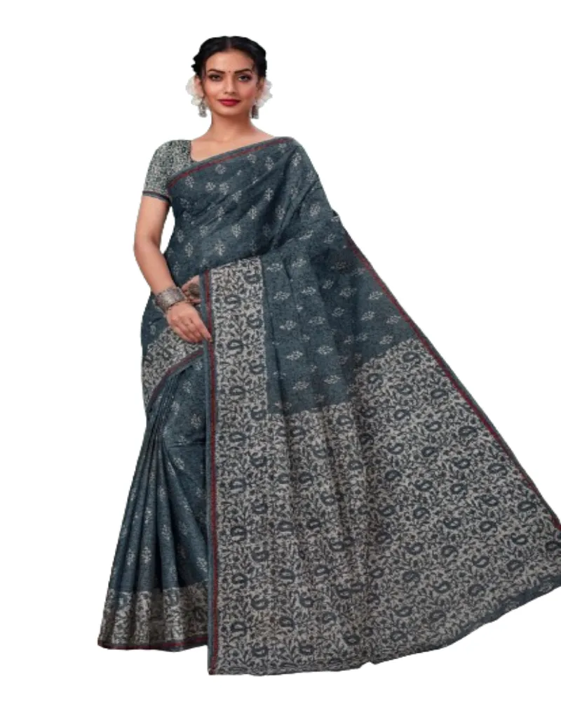 Saree de casamento estampado Khadi algodão com blusa de fantasia para uso em ocasiões especiais, roupa de trabalho e tecelagem, roupa étnica indiana