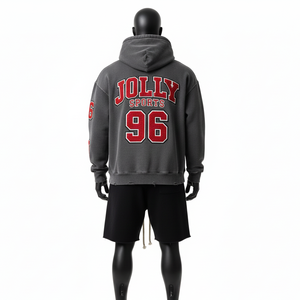 Conjunto de Sudadera con Capucha y Pantalones Cortos para Hombre, 320 GSM, Algodón y Poliéster, Felpa, Gris Carbón, Negro, Ropa Urbana, Logotipo Personalizado en Tela Tackle Twill - Product Image 4