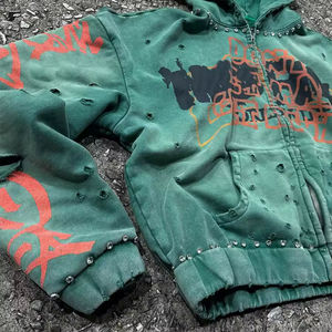 Sudadera Corta Vintage Lavada al Ácido Personalizada por el Fabricante, Sudadera con Capucha de Algodón para Hombre, Estilo Francés, con Cierre, Estampado DTG, Pedrería, Desgastada. - Product Image 2