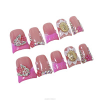 Faux ongles à presser en strass, forme bec de canard, moyens, avec motif papillon 3D en diamant