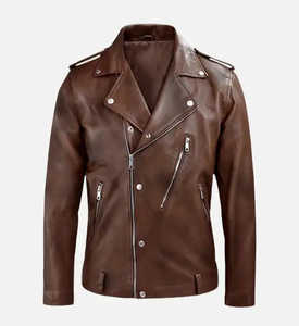 Chaqueta de cuero de motorista marrón para hombre con cierre de cremallera Estilo casual de invierno Acabado - Product Image 1