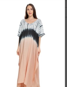 Maxi Kaftan Style Tie Dye <b>Dress</b>-100% Cotton Long Sleeve V-neck-A-Line Silhouette-Loose Fit Summer Beach Wear - Product Image 5