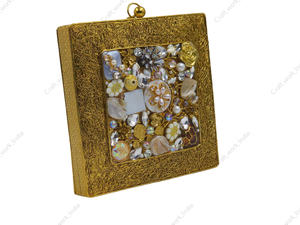 Handcrafted Gold Metal Square <b>Clutch</b> with <b>Pearl</b> Crystal Floral Mosaic Inlay Frame Luxury Designer Statement <b>Bag</b> gift her - Product Image 3