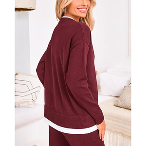 Conjunto de 2 Piezas de Alta Calidad para Mujer, Suéter Casual de Punto de Algodón Sólido y Pantalones Anchos para Conjuntos Deportivos - Product Image 6