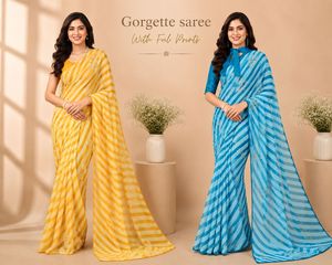 Sari Indio Tradicional Amarillo con Estampado Leheriya en Georgette, para Uso Diario, Festivo y de Fiesta, para Mujer, Venta al Por Mayor - Product Image 5