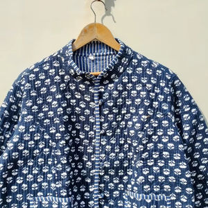 Organic Block Printed Indian Cotton Quilted <b>Kimono</b> Jacket for <b>Women</b> Reversible Blue Warm Breathable Fabric Short Length Winter - Product Image 1