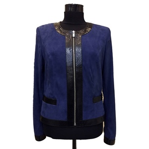 Veste en daim bleu pour femmes, veste en cuir Python noir en relief - Product Image 1
