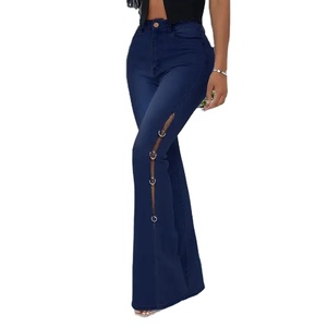 Pantalones vaqueros acampanados de cintura alta 2025 para mujer, pantalones vaqueros azules con corte de bota, a la moda pantalones acampanados, pantalones vaqueros ajustados para mujer con servicio OEM - Product Image 1