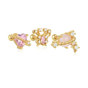 CANNER 925 sterling silver ball piercing pink stone butterfly trendy heart crown design piercing earrings for women