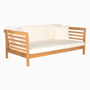 Lit de jour d'extérieur en bois de teck massif avec coussin blanc Mobilier de salon extensible pour hôtels Fabriqué en Indonésie - Product Image 6