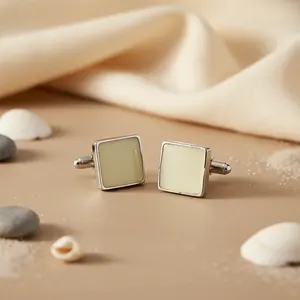 Boutons de manchette et pinces à cravate carrées argentées pour hommes avec onyx, cadeau pour les mariages - Product Image 2