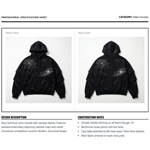 Sweat à capuche pour homme, poids lourd, 500 g/m², mélange polyester/coton, tissu éponge français, broderie de strass, manches superposées, coupe ample, pull-over - Product Image 6