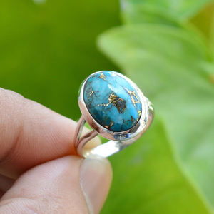แหวนเงินแท้ 925 ประดับด้วยพลอยเทอร์ควอยซ์สีน้ำเงินธรรมชาติ สไตล์โบฮีเมียน นาวาโฮ งานแฮนด์เมด เหมาะสำหรับงานหมั้นและงานแต่งงาน - Product Image 1