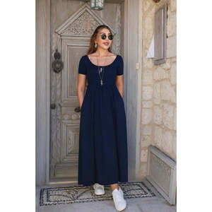 Women's Short-Sleeved Round Neck Front Slit Pocket <b>Viscose</b> Long <b>Dress</b>, 33073 - Blue - Product Image 3