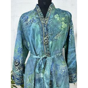 Kimono en soie de style bohème, élégant, bleu vert floral, cadeau de luxe pour anniversaire, robe pour femme pour la maison ou la plage - Product Image 2