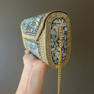 Exquisite mosaic <b>clutch</b> with intricate gold filigree and light blue and <b>white</b> shell pieces at Wholesale Stock Garden Ornaments - Product Image 1