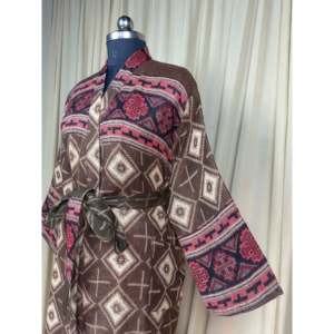 Cómodo y Cálido Kimono de Invierno para Mujer, Mezcla de Lana de Yak, Estampado de Diamantes Marrones, Bata de Casa con Bolsillos, Estilo Casual, Ropa de Estar por Casa - Product Image 6
