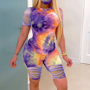 Conjunto de chándal de dos piezas con tinte de Corbata de algodón 100% transpirable impermeable de verano para mujer - Product Image 3