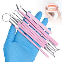 SET 8 Alat Pembersih Mulut Dokter Gigi Warna Pink, Termasuk Cermin Mulut, Pinset, Probe Ganda, Pencungkil, Skaler, Bahan Stainless Steel