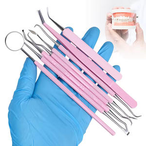 Kit de 8 outils dentaires roses pour le nettoyage buccal : miroir buccal, pinces, sonde double, curette, détartreur en acier inoxydable - Product Image 6