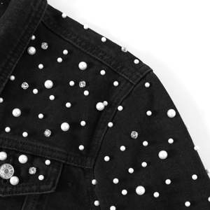 Chaqueta vaquera de perlas para mujer de alta calidad, abrigo vaquero recortado con diamantes de imitación, prendas de vestir de algodón de Color sólido para primavera y otoño, Chaquetas vaqueras - Product Image 3