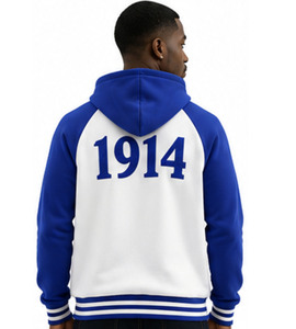Sudadera con Capucha Azul y Blanca de Dos Tonos, Bordada, de Poliéster, con Letras Griegas, Manga Raglán, Forro Polar, Invierno, Casual para Hombre - Product Image 2