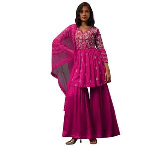 Rani Pink Silk Kurta Sharara Set con bordado Resham y Dupatta para fiesta de recepción de boda traje de fiesta - Product Image 1