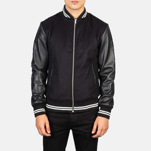 Men's Women's Black <b>Sheepskin</b> Leather Hybrid Varsity <b>Jacket</b> Water Proof XS Size Streetwear Style Hooded Collar Pattern - Product Image 3