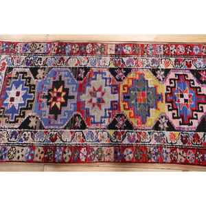 Turkish <b>Runner</b> Rug 2,8x7,9 ft (84x241 cm), Herki <b>Red</b> Animal Print Vintage Rug - Product Image 3