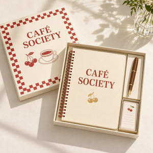 สมุดบันทึกแบบสันห่วง LABON Custom A5 Cafe Society Parisian ลายเส้นสีแดง ภาพประกอบศิลปะ ขอบลายตาราง พร้อมสายรัดยางยืด ของขวัญ - Product Image 4