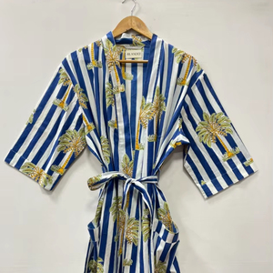 ชุดคลุมผ้าฝ้ายลายดอกไม้ คอวี พิมพ์โลโก้ด้านหน้า แบบ unisex ของขวัญฤดูร้อนสำหรับเขา  แบบยาว มีเชือกผูก  ชุดชายหาด - Product Image 1