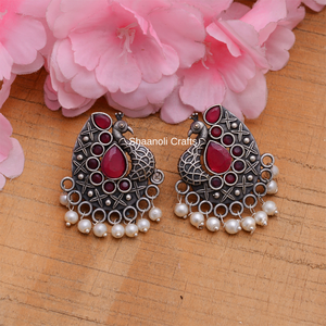 Argent oxydé perle pierre travail paon Design boucles d'oreilles bohème indien à la mode femmes bijoux or laiton matériel - Product Image 1