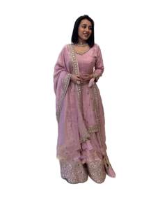 ชุดชาราราผ้าจอร์เจตต์สีชมพูเนื้อหนาและเสื้อคุर्ติปักลายฉลุประดับเลื่อมขนาด 5 มม. สำหรับเทศกาลอีดและประเทศปากีสถาน - Product Image 1