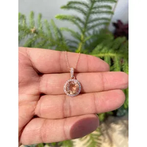 925 Silver Round Morganite Moissanite Necklace - Product Image 3
