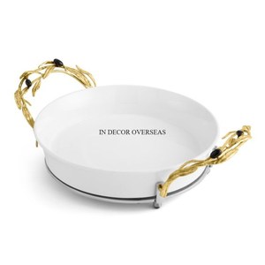 Latest Pattern Arrival White Color <b>Powder</b> Coated Food Items Serving Luxury Tray With Gold Plated Leaves & Buds Design Handles - Product Image 1